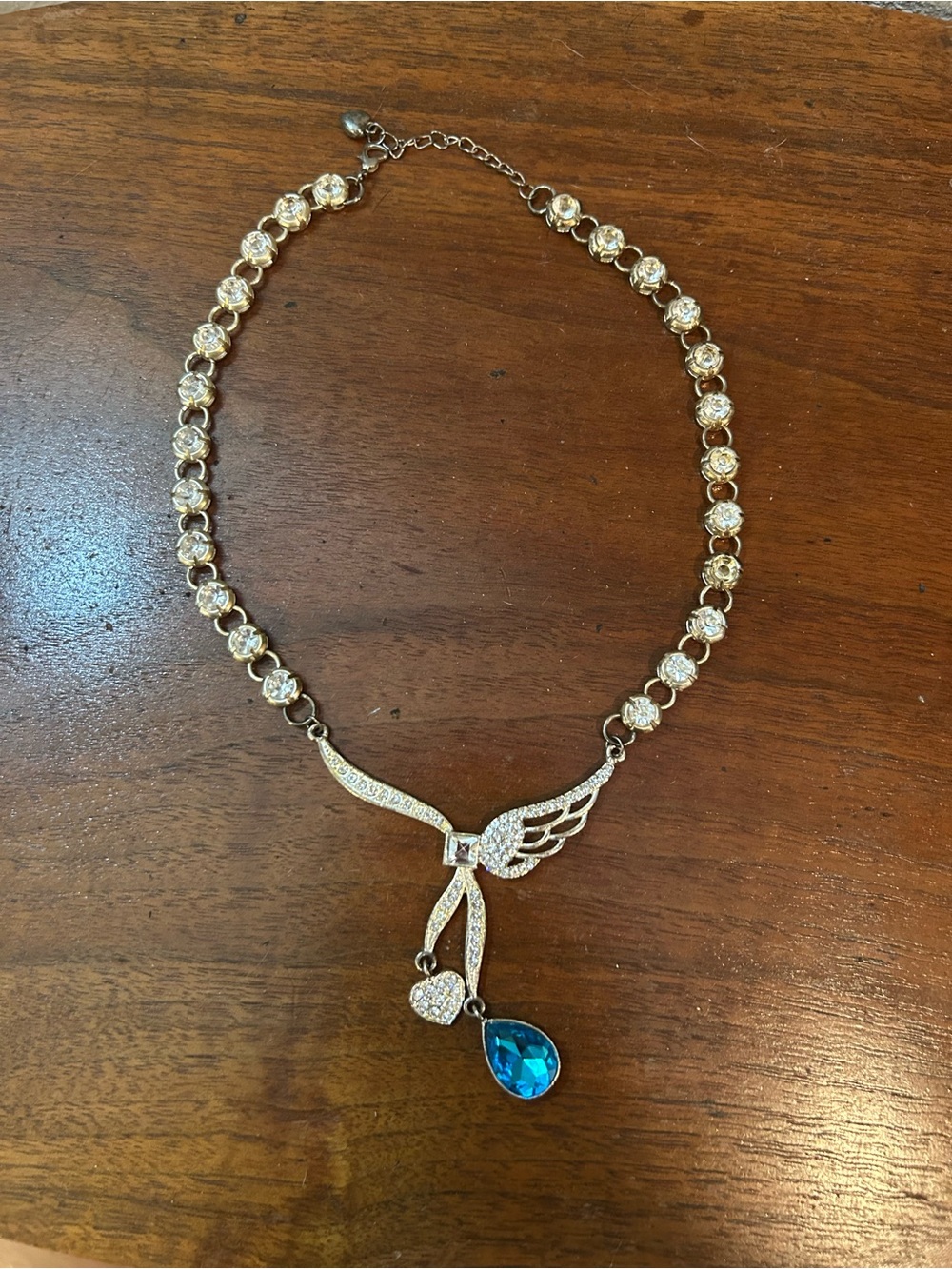 Source Unknown Silver-Tone Necklace with Blue Teardrop and Clear Crystals